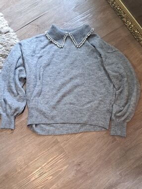 H&M Gray Pearl-Trim Turtleneck Sweater